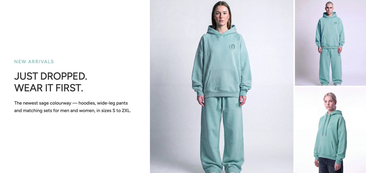 New Arrivals — sage hoodies, wide-leg pants and matching sets