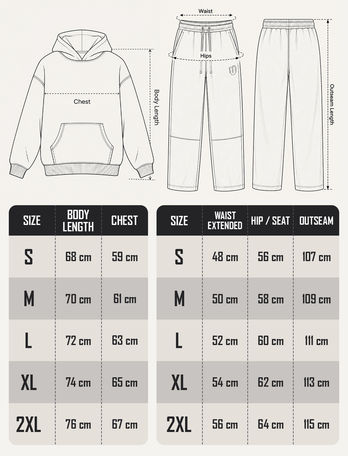 Size chart for Women's Oversized Hoodie and Pants Set