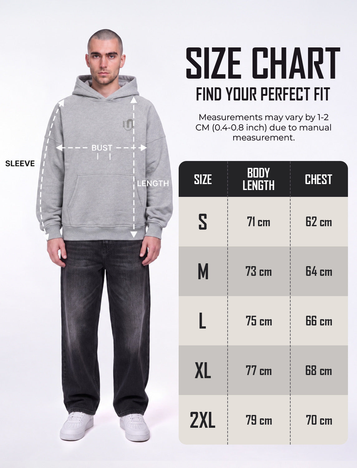 Size chart for Men's Oversized Hoodie