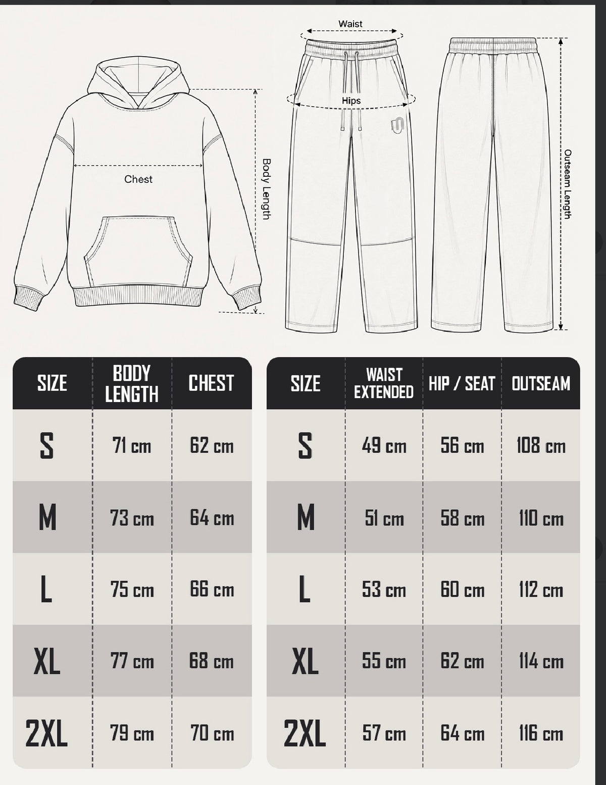 Size chart for Men's Oversized Hoodie and Pants Set