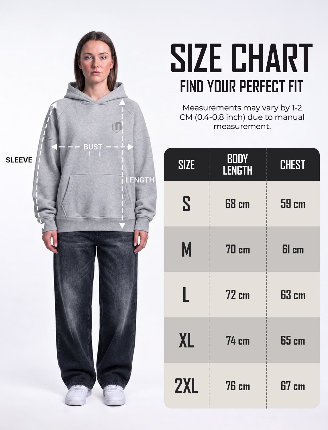 Size chart for Women's Oversized Hoodie