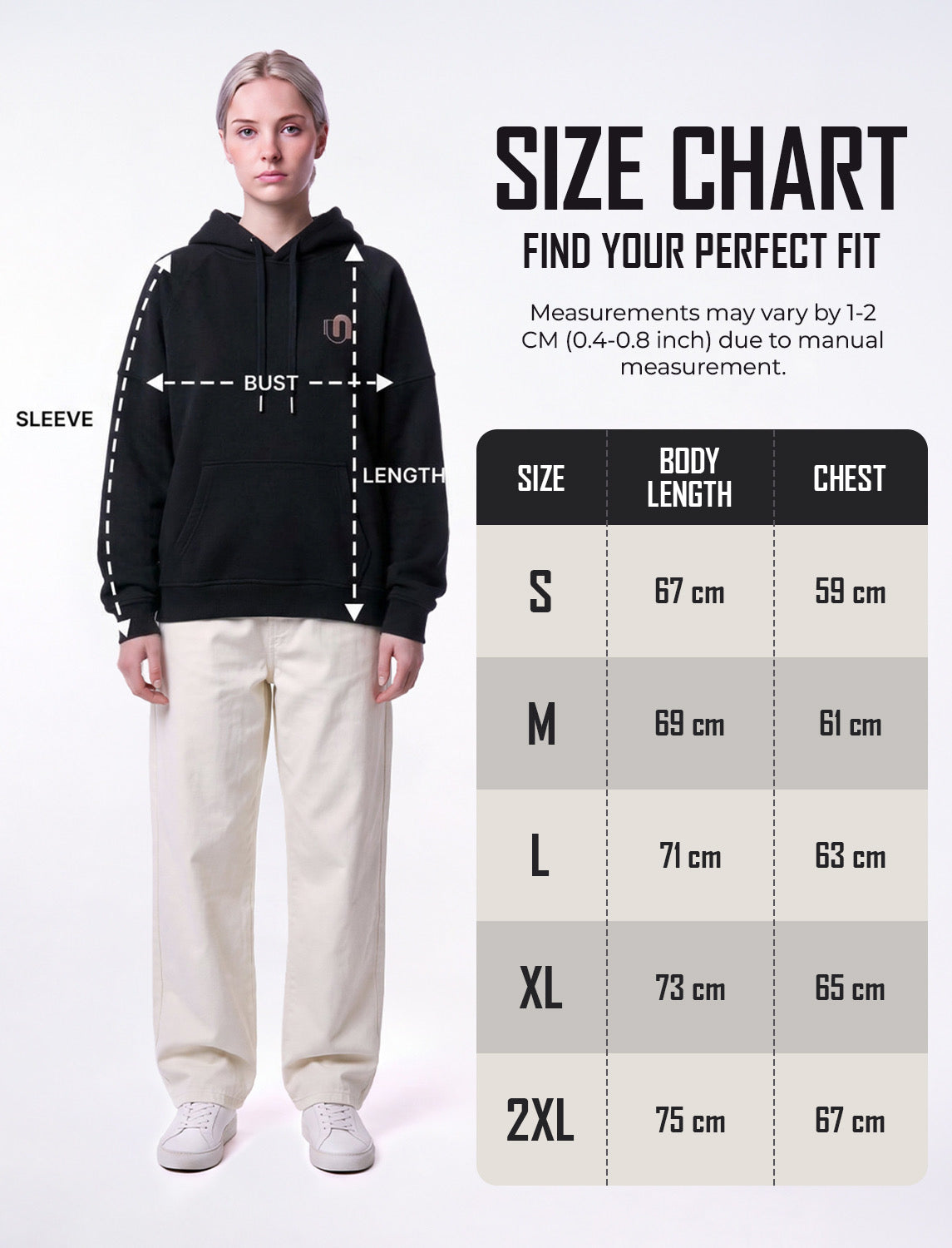 Size chart for Women's Regular Hoodie